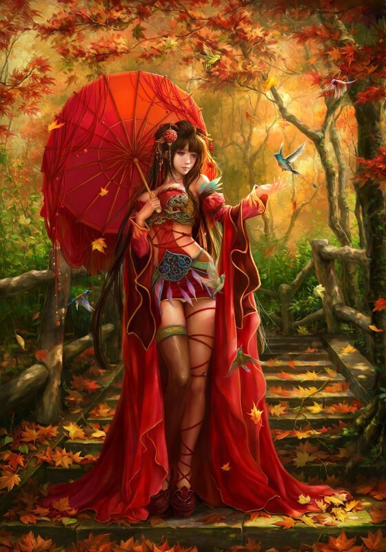 Woman with red parasol in autumn