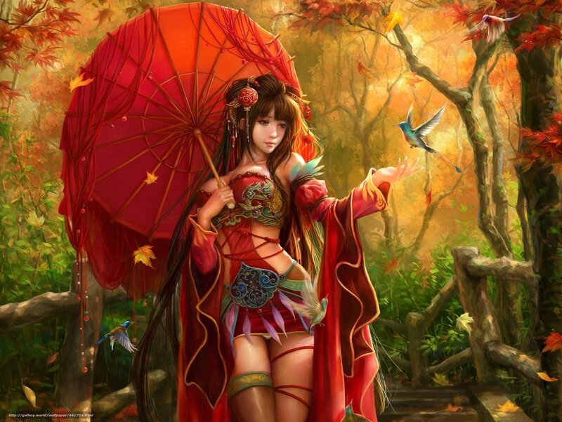 Woman with red parasol in autumn