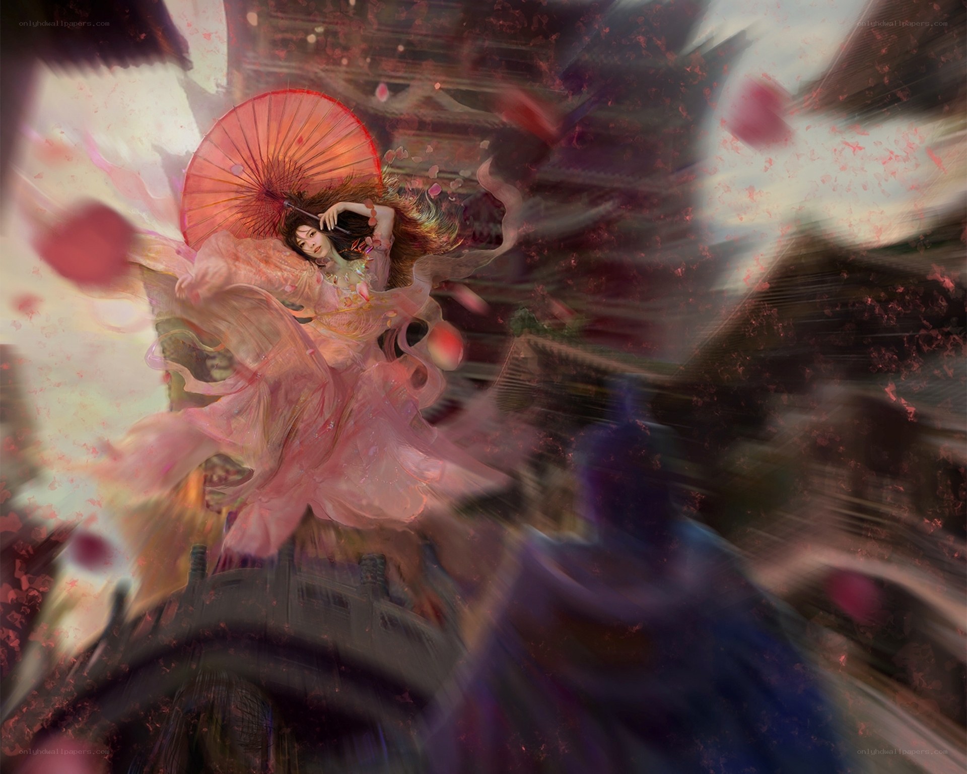 woman with red parasol in motion