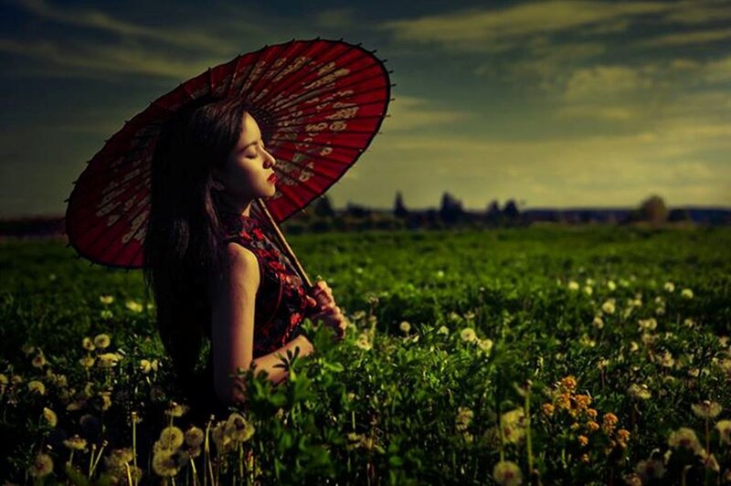 Woman with Red Parasol — Serene, Sunset