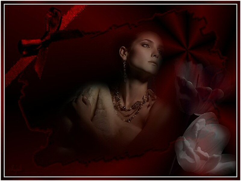 woman with red ribbon and flowers