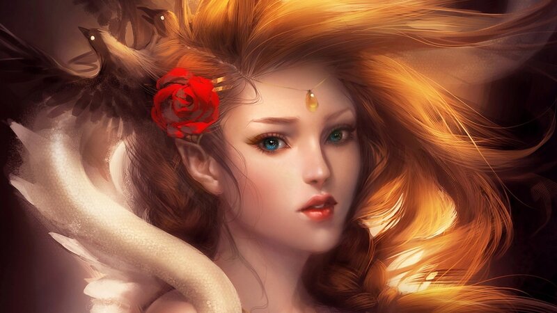 woman with red rose and bird