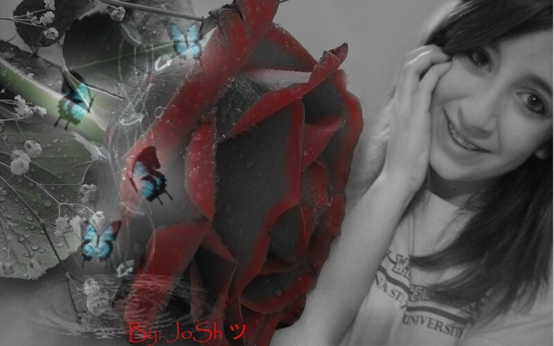 woman with red rose and butterflies