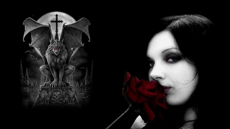 Woman with Red Rose — Black, Dark, Night