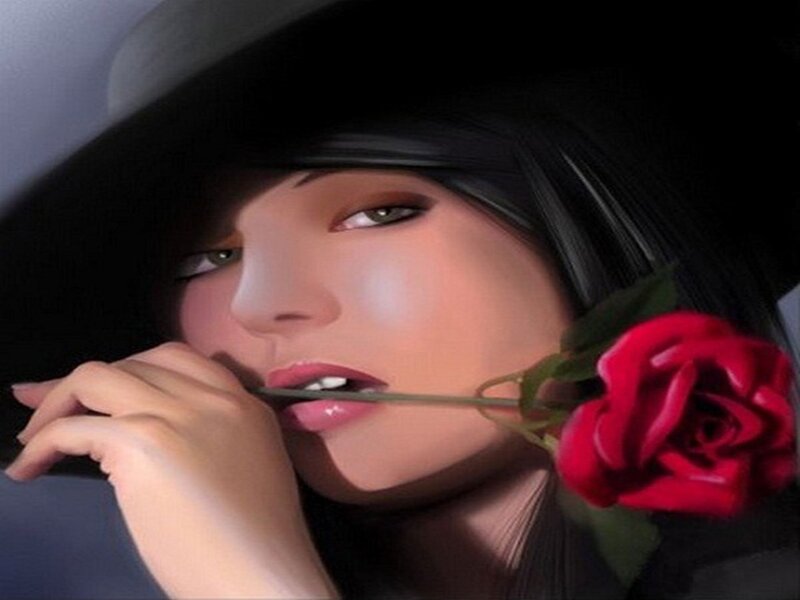 Woman with Red Rose — Black, Dramatic, Digital Art, Hat