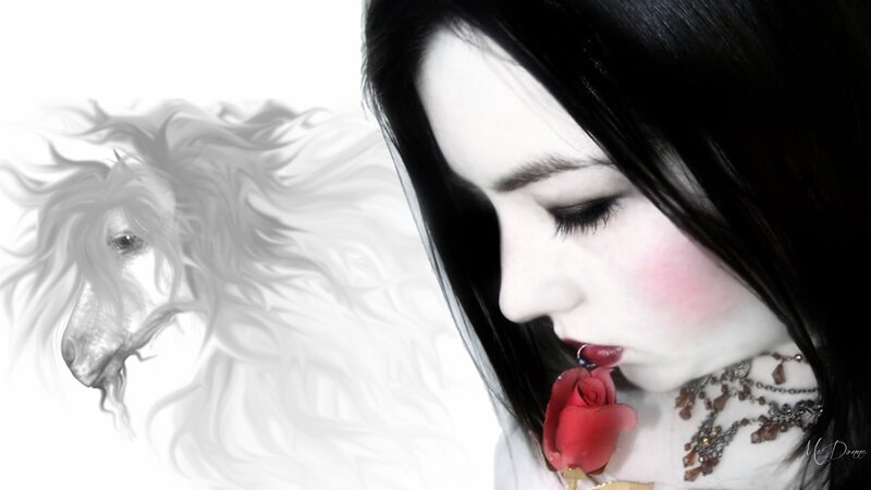 Woman with Red Rose — Black, Dramatic, Digital Art, Horse