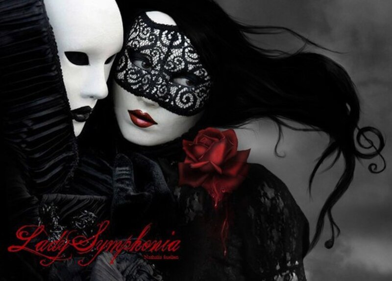 Woman with Red Rose — Black, Dramatic, Digital Art, Mask