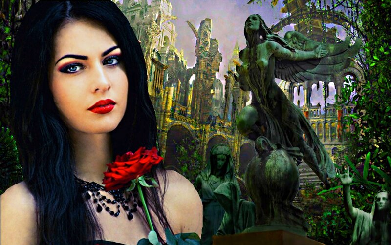 Woman with Red Rose — Black, Dramatic, Digital Art, Statue