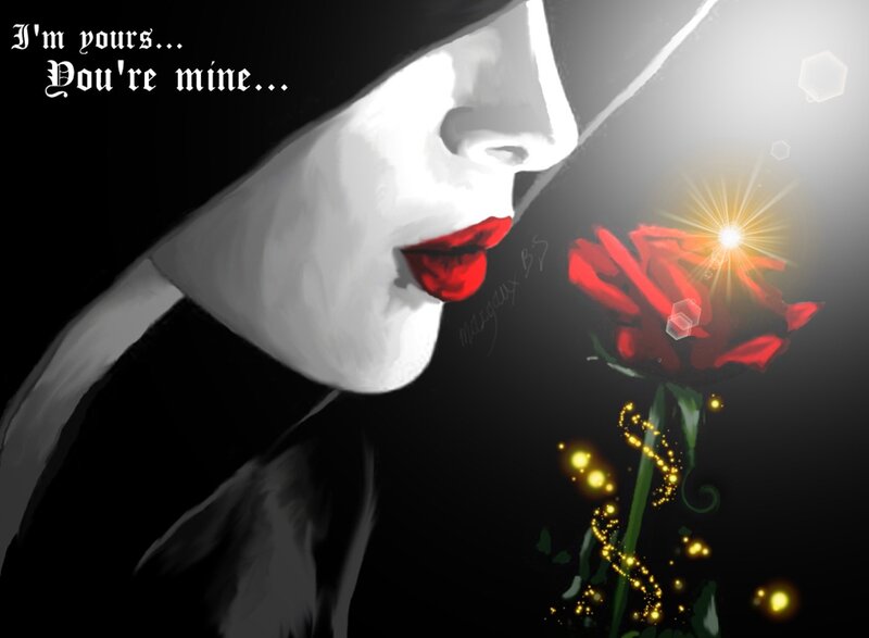 Woman with Red Rose — Black, Dramatic, Digital Art, Text