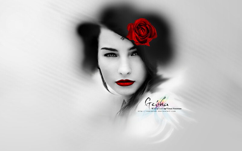Woman with Red Rose — Black, Dramatic, Digital Art