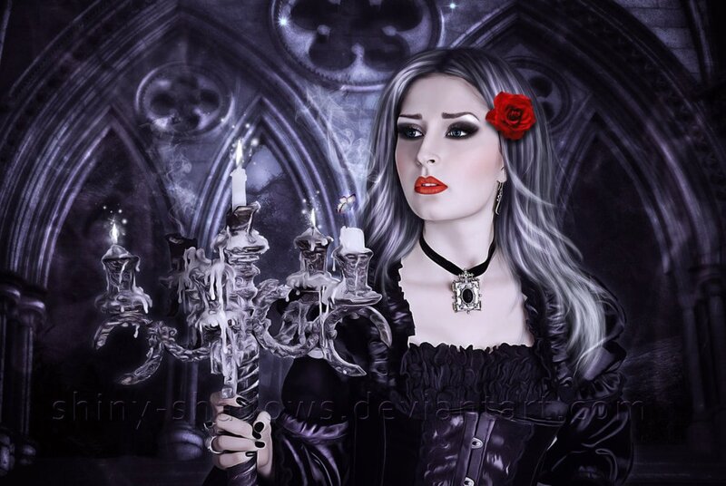 Woman with Red Rose — Black, Dramatic, Night, Digital Art, Candlestick