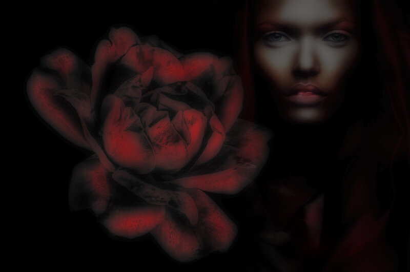 Woman with Red Rose — Black, Dramatic, Night, Digital Art, Face