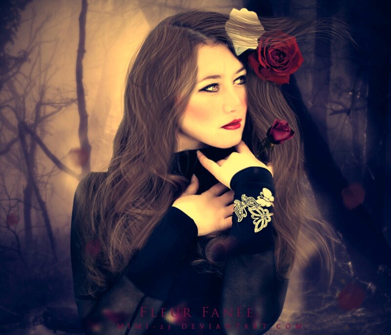 Woman with Red Rose — Black, Dramatic, Night, Digital Art, Forest