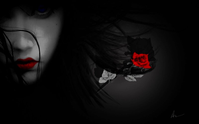 Woman with Red Rose — Black, Dramatic, Night, Digital Art, Lips