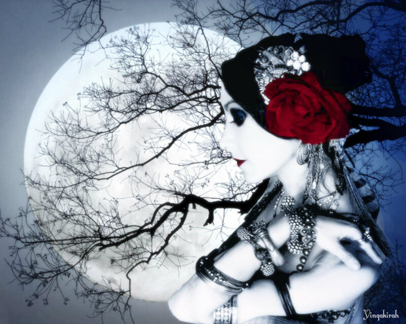 Woman with Red Rose — Black, Dramatic, Night, Digital Art, Moon