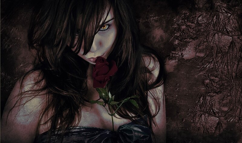Woman with Red Rose — Black, Dramatic, Night, Digital Art