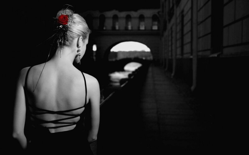 Woman with Red Rose — Black, Dramatic, Night, Photograph, Dress