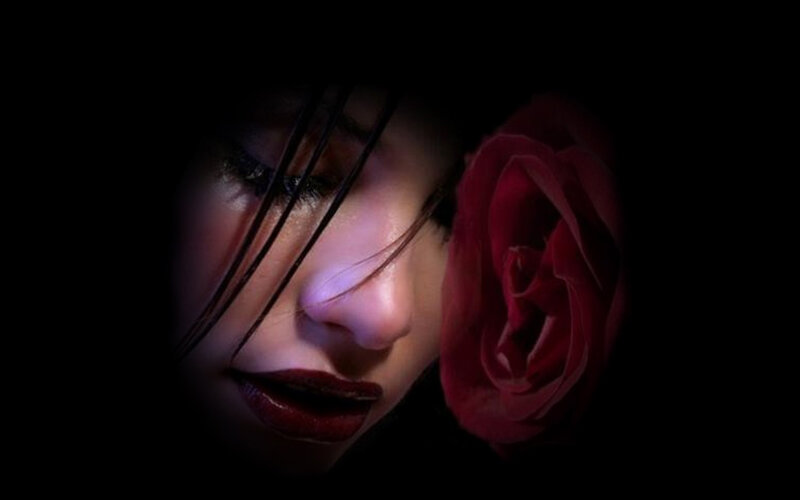 Woman with Red Rose — Black, Dramatic, Night, Photograph, Face