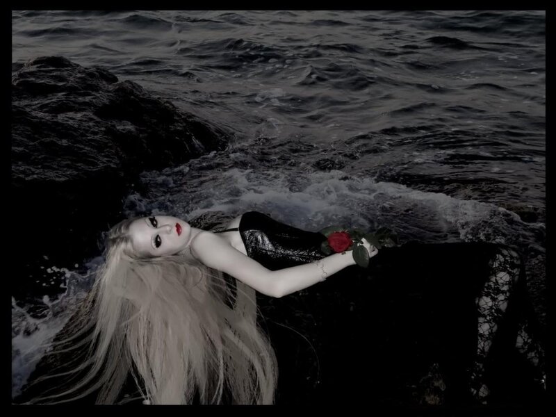 Woman with Red Rose — Black, Dramatic, Night, Photograph