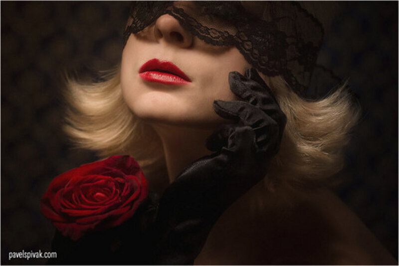 Woman with Red Rose — Black, Dramatic, Photograph, Black Lace Mask