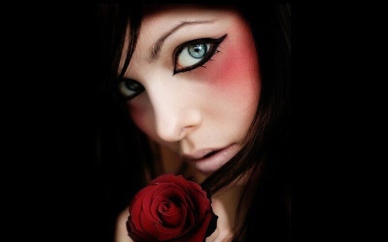 Woman with Red Rose — Black, Dramatic, Photograph, Eye Makeup