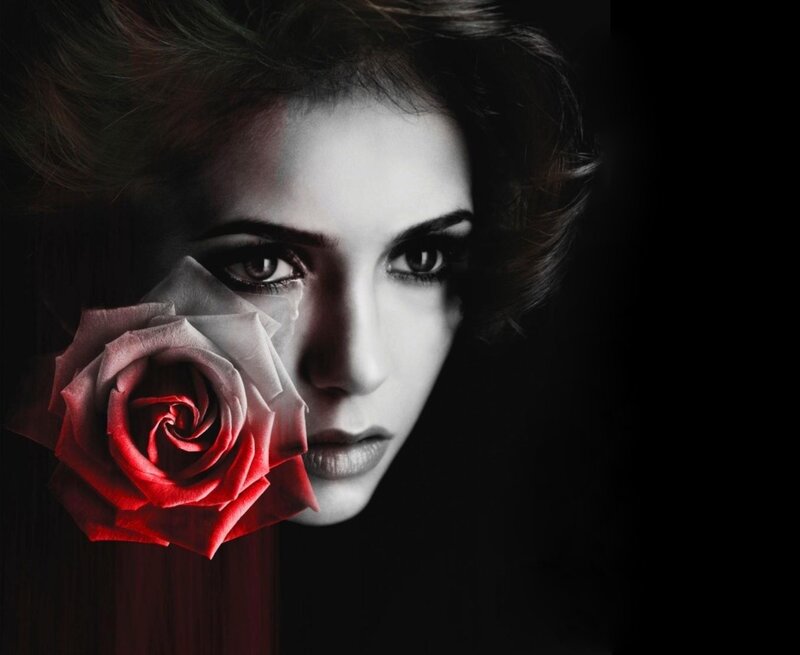 Woman with Red Rose — Black, Dramatic, Photograph, Face