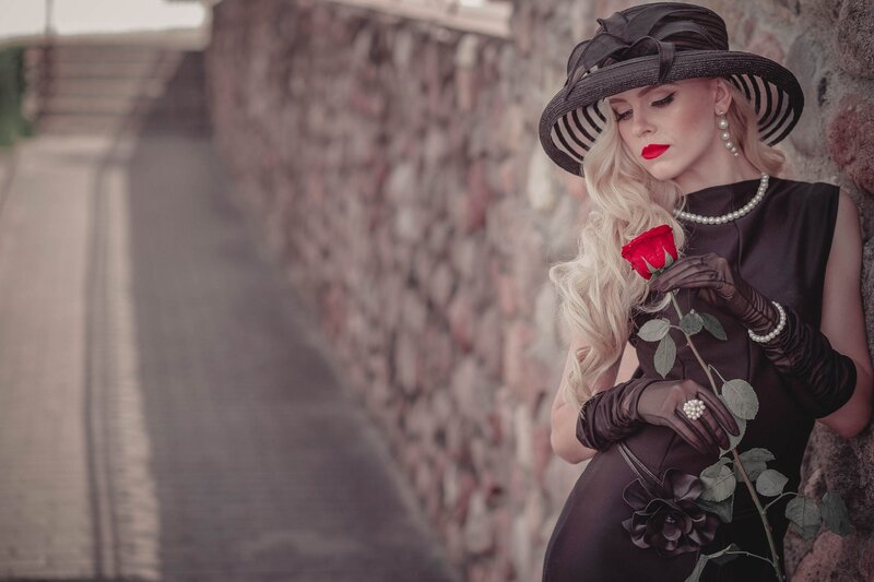 Woman with Red Rose — Black, Dramatic, Photograph, Hat