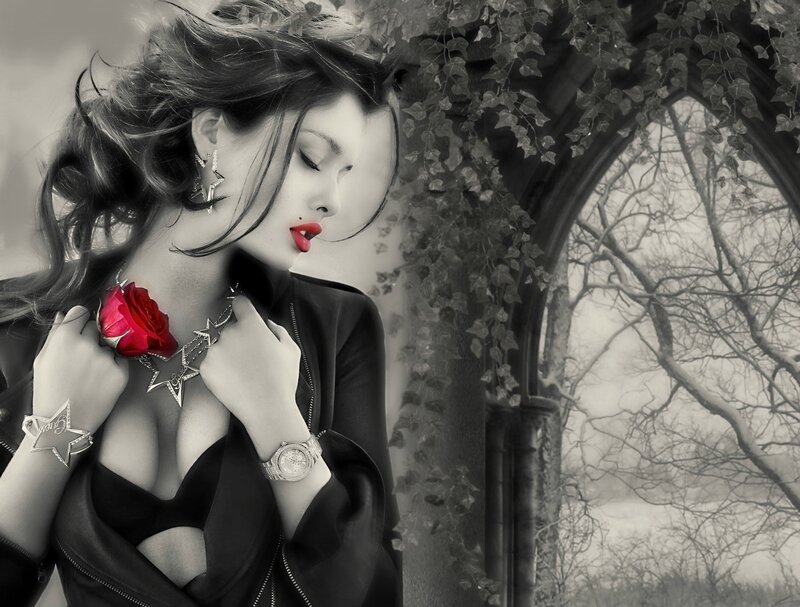 Woman with Red Rose — Black, Dramatic, Photograph, Jacket