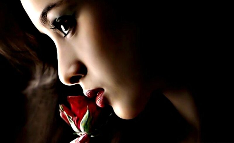 Woman with Red Rose — Black, Dramatic, Photograph, Lipstick