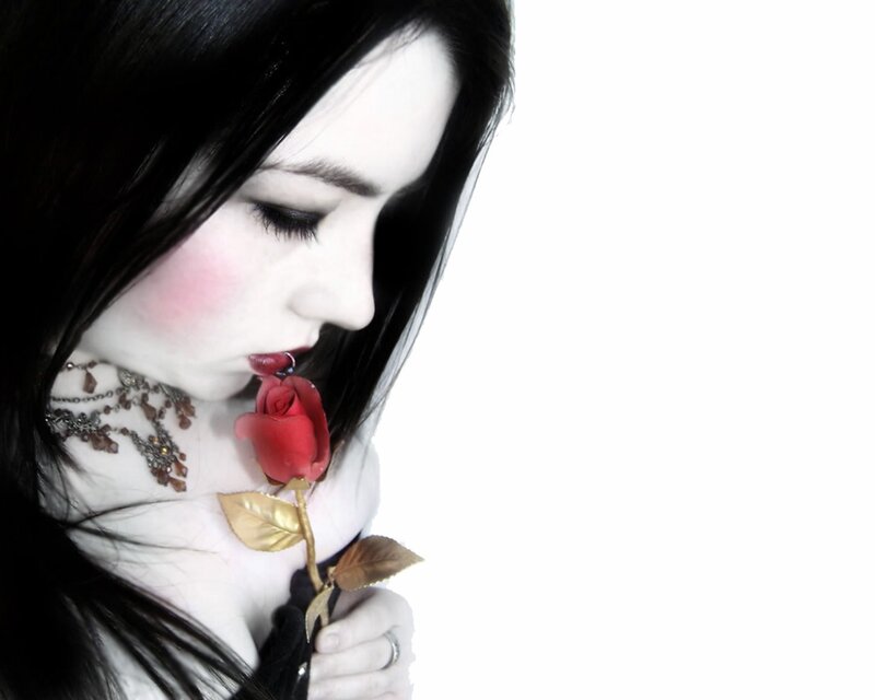 Woman with Red Rose — Black, Dramatic, Photograph, Necklace, Lip Ring, White