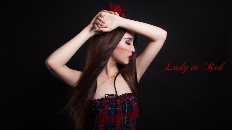 Woman with Red Rose — Black, Dramatic, Photograph, Plaid Dress