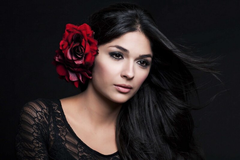 Woman with Red Rose — Black, Dramatic, Photograph, Red Rose, Black Lace