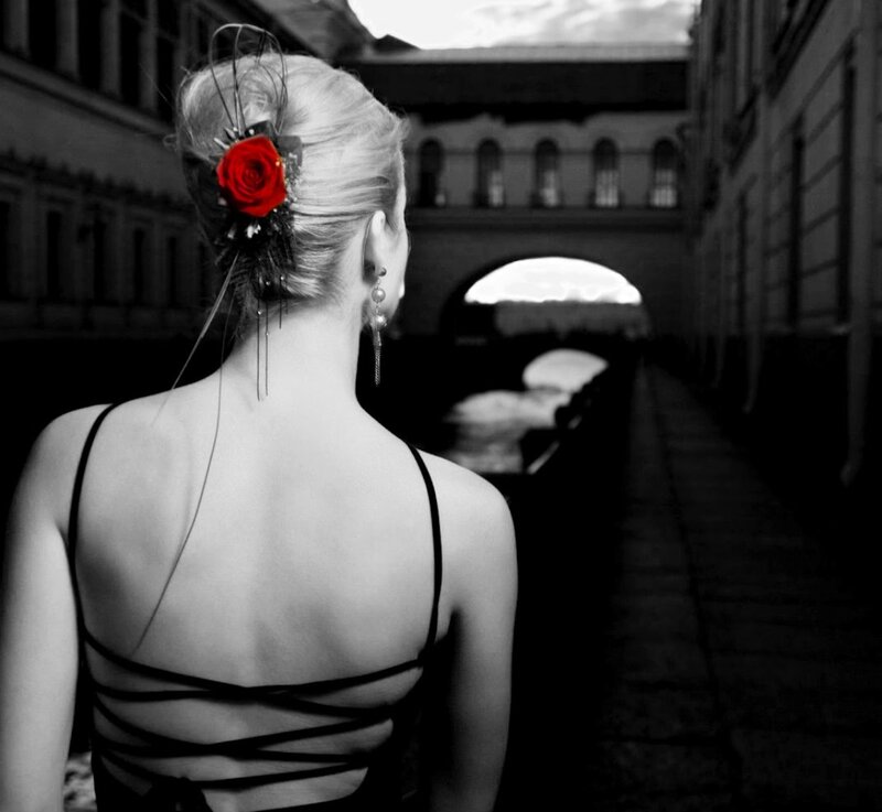Woman with Red Rose — Black, Dramatic, Photograph, Red Rose