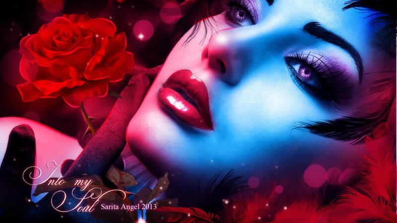 Woman with Red Rose — Blue, Dramatic, Digital Art, Feathers