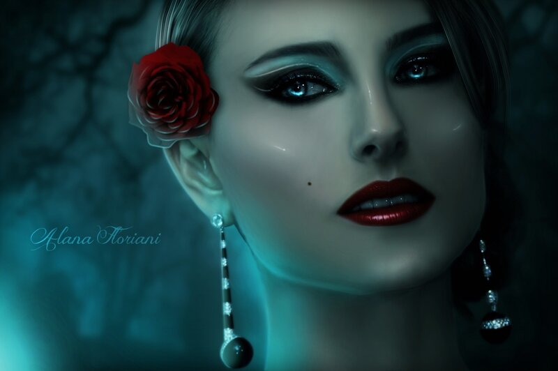 Woman with Red Rose — Blue, Dramatic, Night, Digital Art, Earrings