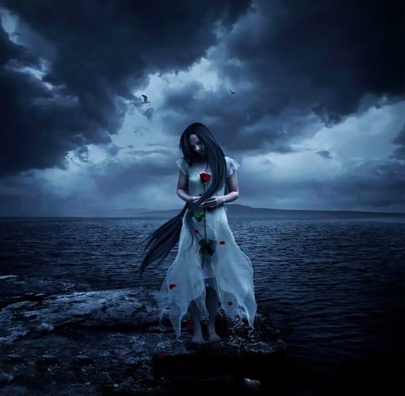 Woman with Red Rose — Blue, Dramatic, Night, Digital Art, Seagulls