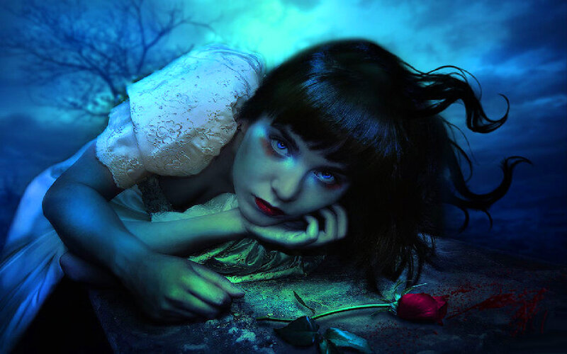Woman with Red Rose — Blue, Dramatic, Night, Digital Art