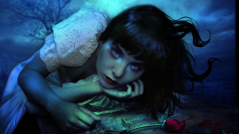 Woman with Red Rose — Blue, Dramatic, Night