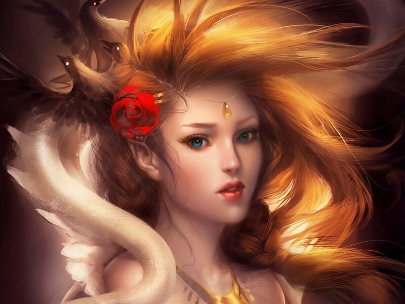 Woman with Red Rose — Dramatic, Digital Art, Bird, Snake