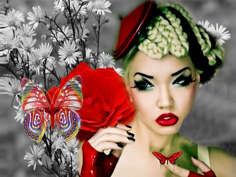 Woman with Red Rose — Dramatic, Digital Art, Butterfly