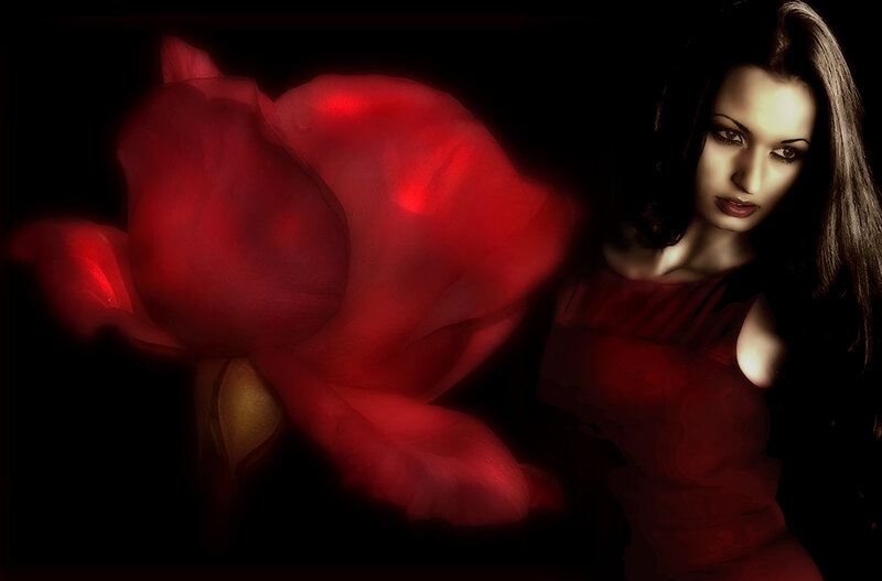 Woman with Red Rose — Dramatic, Digital Art, Dress