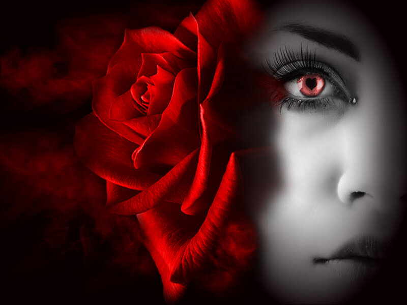 Woman with Red Rose — Dramatic, Digital Art, Eye