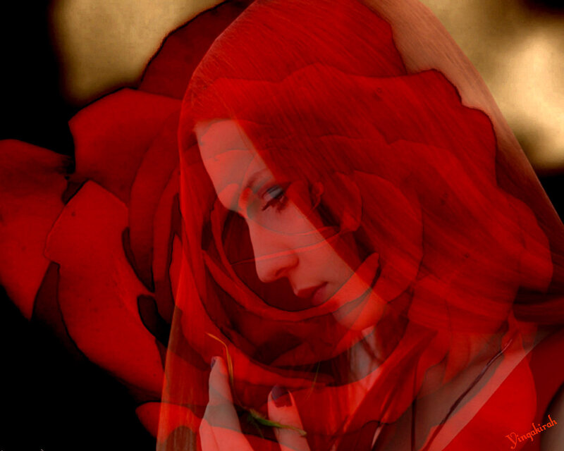 Woman with Red Rose — Dramatic, Digital Art, Face