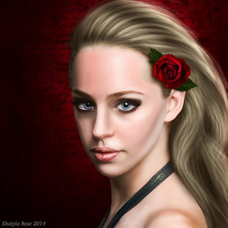 Woman with Red Rose — Dramatic, Digital Art, Hair, Makeup