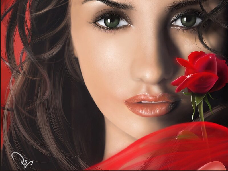 Woman with Red Rose — Dramatic, Digital Art, Hair