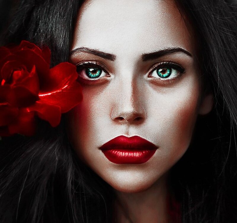Woman with Red Rose — Dramatic, Digital Art, Red Lips