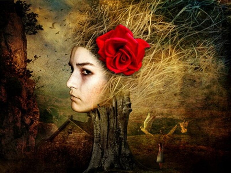 Woman with Red Rose — Dramatic, Digital Art, Tree Trunk