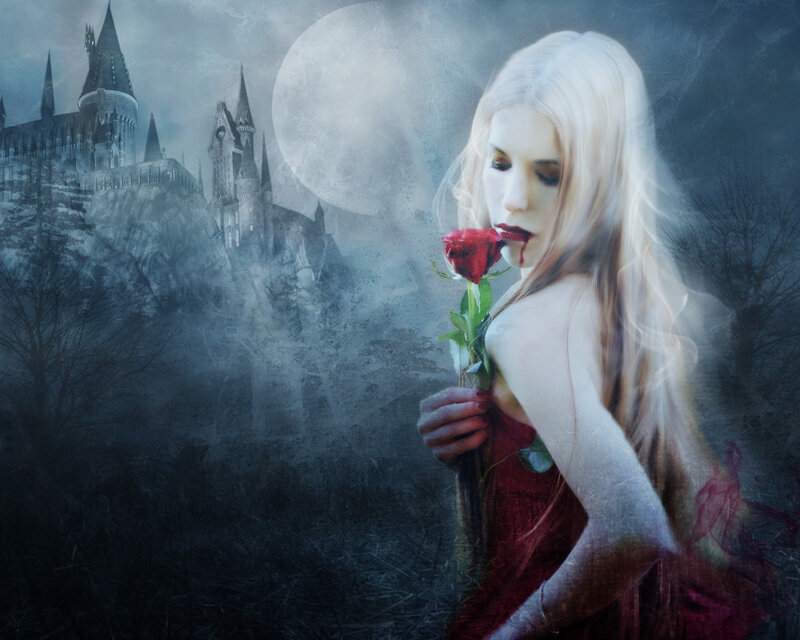 Woman with Red Rose — Dramatic, Night, Digital Art, Castle