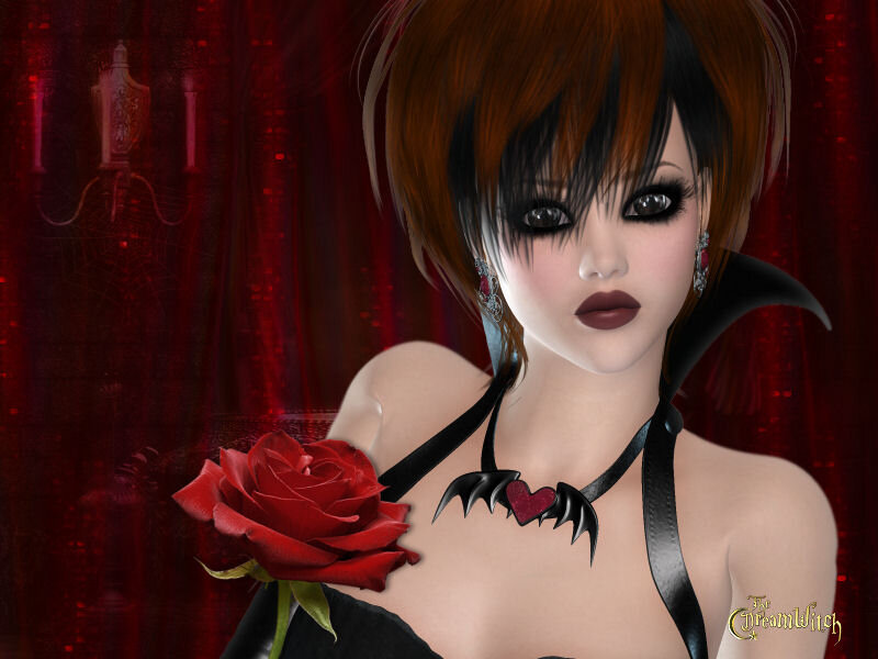 Woman with Red Rose — Dramatic, Night, Digital Art, Chandelier
