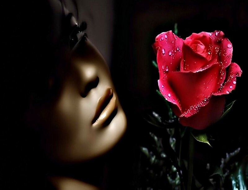 Woman with Red Rose — Dramatic, Night, Digital Art